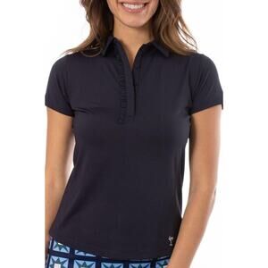 Golftini Women's Short Sleeve Ruffle Tech Golf Polo, Small, Navy Blue